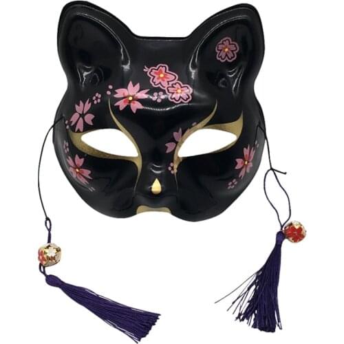 YangYong ACG Cat Kitsune Mask for Cosplay,Collection,Wall Decoration, Black and Pink Sakura Flower PVC Costume Accessory