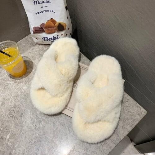 34-41 Fur Slippers Women Shoes Winter Faux Rabbit Fur Plush Slippers EVA Sole Female Home Cross Strap Furry Slides