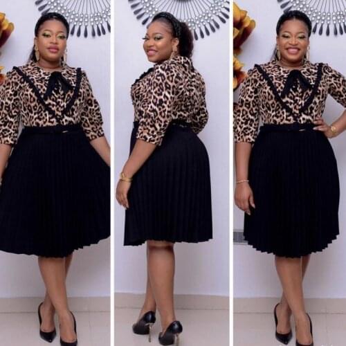 Fashion Leopard Print Patchwork African Dresses For Women 2021 Spring Autumn New Pleated Bow Bazin Traditional African Clothing