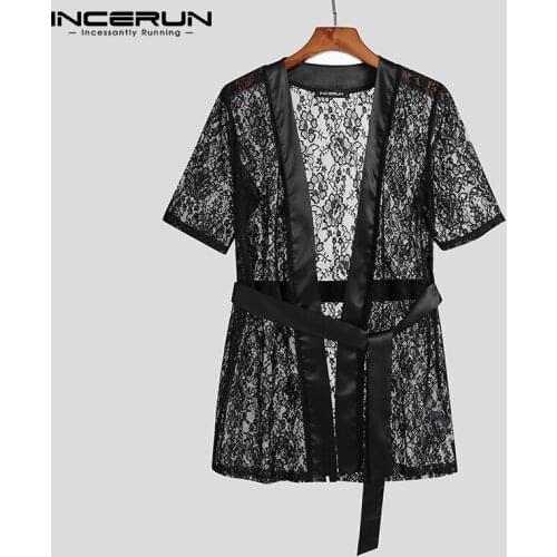 INCERUN Men Mesh Robes See Through Short Sleeve Lace Homewear 2021 Sexy Fitness Bathrobes With Belt Leisure Men Nightgown S-5XL