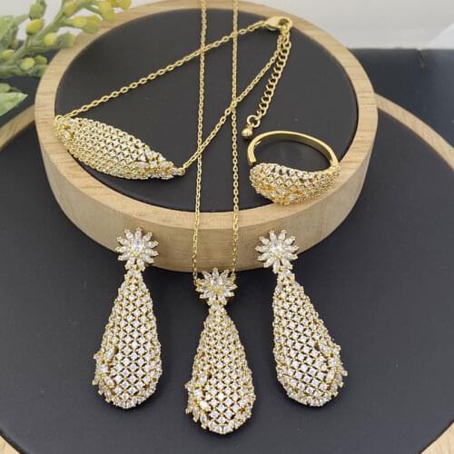 Lanyika Fashion Jewelry Set Artistic Bouquet Micro Inlay Necklace with Earrings, Bracelet and Ring for Woman Banquet Party Gift