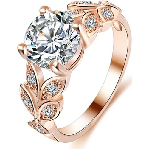 New High Quality 4 Sizes Silvery Zircon Unique Girls Rose Golden Crystal Women 1PC Graceful Rings Leaf Drop Shipping
