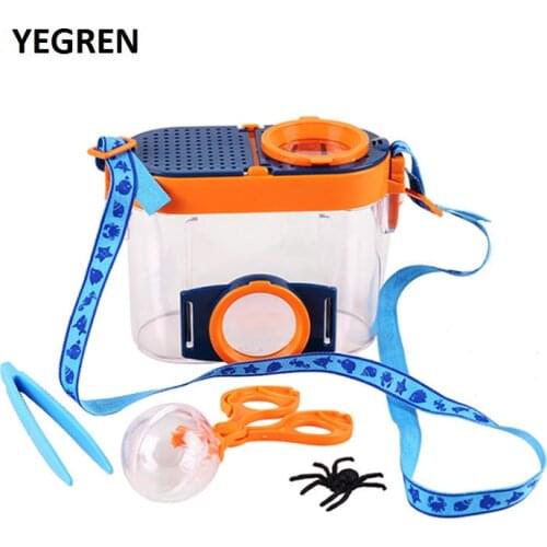 Portable Children Biological Explore Tool Insect Observation Box 2.6X 4.5X Magnifier Box Set with Ball Tweezers Lanyard Kid Toy