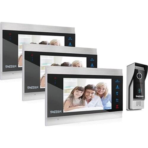 TMEZON 7 Inch TFT Wired Smart Video Door Phone Intercom System with 3 Night Vision Monitor + 1x1200TVL Rainproof Doorbell Camera