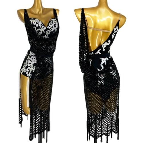 Sexy Latin Dance Performance Clothes Net Tassel Black Latin Dress Sexy Slit Skirt Salsa Rumba Latin Competition Dancewear BL6595