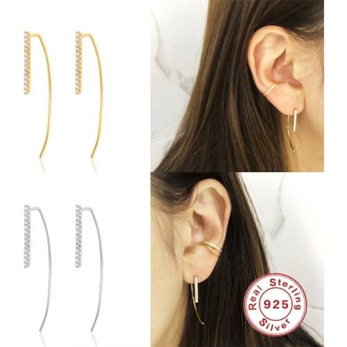 Aide 925 Sterling Silver Gold Korean Fashion Long Arc Line Stud Earrings With Shiny Zircon Bar Ear Stud For Women Girls Jewelry