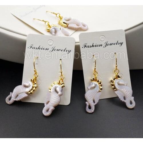 WT-E311 Wholesale High Quality Sea Horse Earrings Unique Design Shell With 24K Gold Color Hippocampe Jewelry 15*35mm