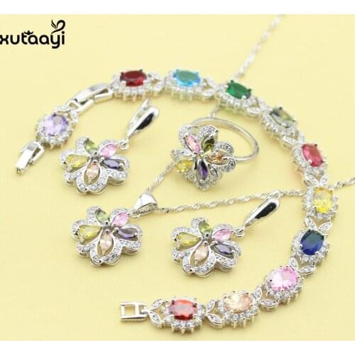 XUTAAYI 4PCS Top Quality Silver Jewelry Sets For women Multicolor Stones AAA Zircon Wedding Necklace/Rings/Earrings/Bracelet