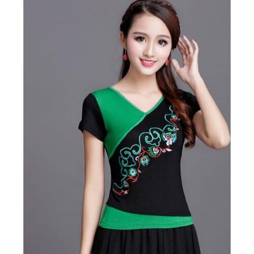 Cheongsam Women Plus Size Tops 2021Summer Cotton Blend Embroidery Color Splicing V-Neck Short Sleeves Chinese Qipao Shirts Woman