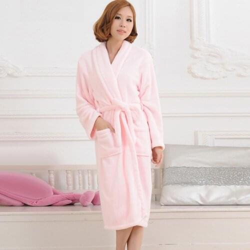 Women Autumn Winter Solid Color Waist Belt Thick Fleece Bath Robe Sleepwear