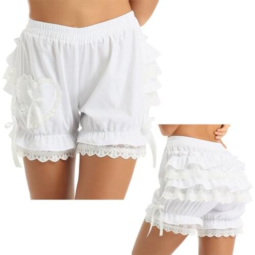 Womens Vintage Victorian Gothic Loose Pumpkin Shorts Costume Elastic Waist Cotton Layered Ruffle Lace Trim Lady Bloomers Shorts