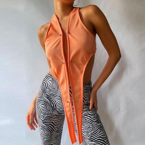 Womens 2021 summer new sleeveless lace-up off-shoulder backless stitching irregular model lace-up pin small top