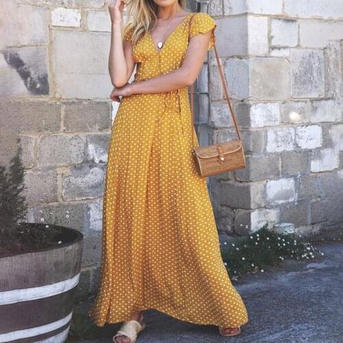 Womens Polka Dot Boho Maxi Long Dresses Bohemian Sexy V Neck Sashes Ankle-Length Female Dress 2020 Summer Vestidos Woman