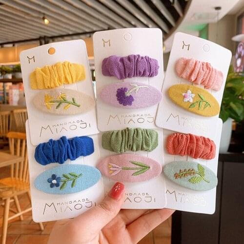 1 Set Oval Fabric Folds Fabric Embroidery Flower BB Clip Girl Hair Pins Kids Hair Accessories