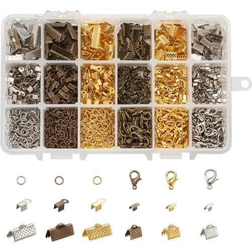 1Box Iron Cord Ends Iron Folding Crimp Ends Iron Ribbon Ends Iron Jump Rings and Zinc Alloy Lobster Claw Clasps Mixed Color