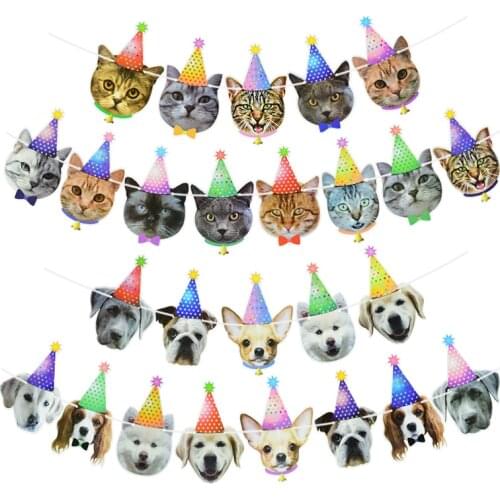 1Pcs Birthday Cat Dog Garland Photographic Cat Dog Faces Birthday Banner Kitties Pet Bday Party Bunting Decoration