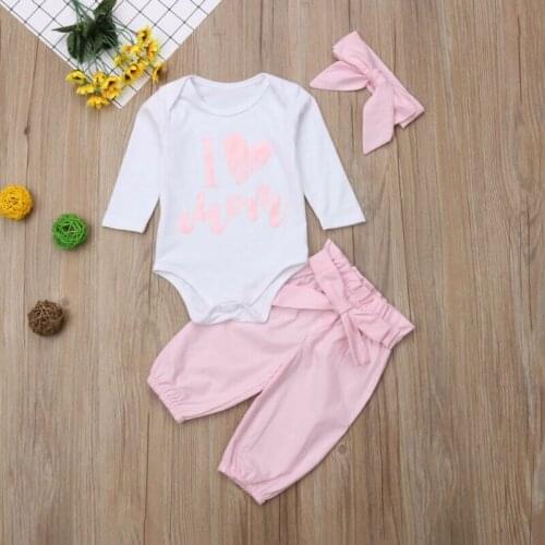 3pcs Baby Girls Set Letter Long Sleeve Romper+ Bow Long Pants+Headband Outfits Cute Toddler Kid Clothing 0-24M