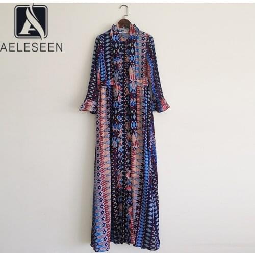 AELESEEN Runway Fashion Women Dress 2021 Spring Autumn Ruffles Geometric Print Long Elegant Party Chiffon Dress