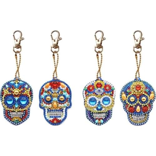 4pcs DIY Diamond Painting Keychain Special-shaped Full Drill Skull Ornament Cross Stitch Embroidery Women Bag Key Chain
