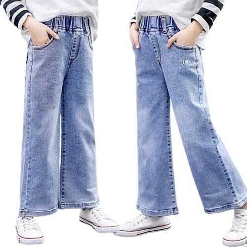 New Style Autumn Winter Girls High Waist Jeans Teens Embroidered wide-leg Denim pants For Girls Trousers Pants 5 6 7 9 11 13 Yrs