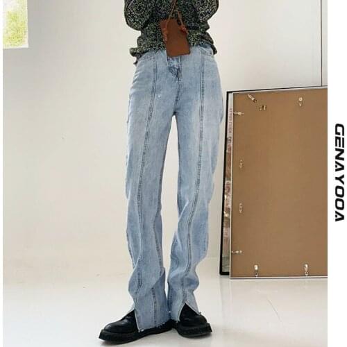 Genayooa Front Split Women Jeans 2021 Summer Blue Flare Jeans Femme Korean Style Denim Ladies Pants Cool High Waist Mom Jeans
