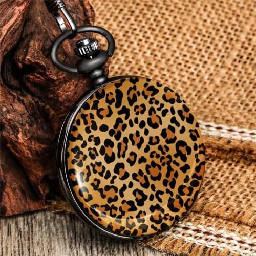 Retro Wild Style Leopard Pattern Printed Pendant Pocket Watch Quartz Movement Antique Black Fob Chain Pocket Clock Men Women
