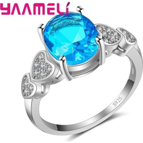 Elegant Beauty Big Round 925 Sterling Silver Wedding Rings Blue Crystal Rhinestone Fashion Popular Anillos