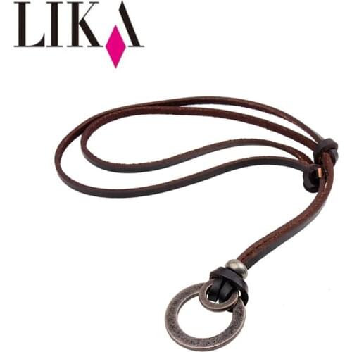 LIKA Brown Pendant Necklaces For Men And Women Circle Alloy Pendant Hand-knitted Cowhide Necklace Holiday Birthday Gifts