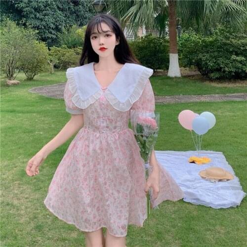 Dress Lace Doll Collar Floral Short-sleeved Dress Female Summer New Style Korean Style Waist Slim Short Skirt