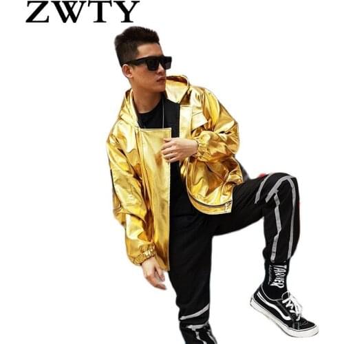 Men PU Leather Hooded Cap Jacket Hip-Hop Rock Loose Coat Tide Male Singer Dancer Nightclub Dance Team Stage Costume Purple