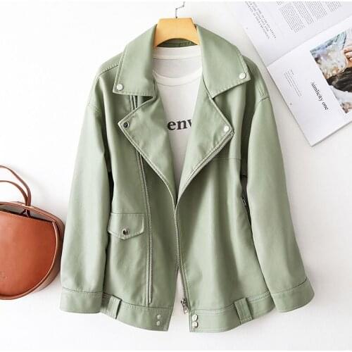 Spring Autumn Casual Fashion Black Avocado Green Women Faux Leather Jacket Korean Loose Long sleeve Short Imitation Biker Jacket