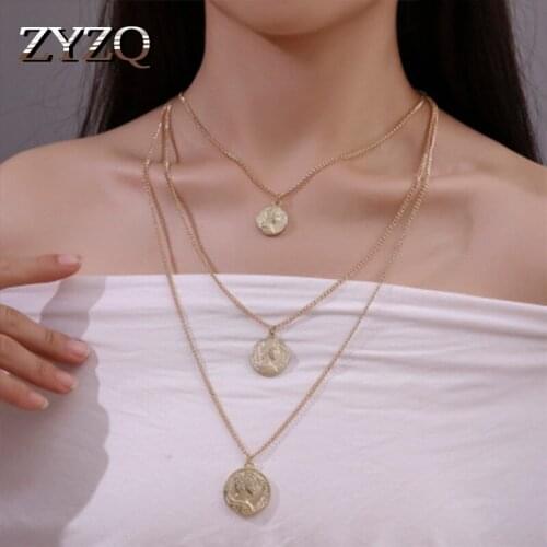 ZYZQ Hot Selling Women Accessories Jewelry Necklace Bohemia Triple Layered Necklace With Personality Coin Shaped Pendant Hot