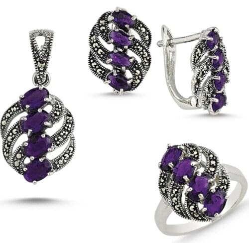Silver 925 Sterling Marcasite Pendant Earring & Ring Set