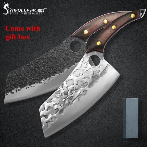 Sowoll 3PCS Cleaver Knife Set Stainless Steel Chopping Butcher Sharp Blade With Sharpening Stone Gift Box Christmas New Year