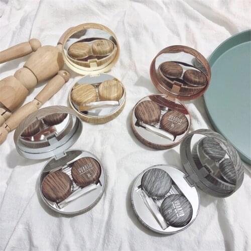 Natural series Round wood contact lens case with mirror storage box Lens container gift Imitation wood grainEye contacts case