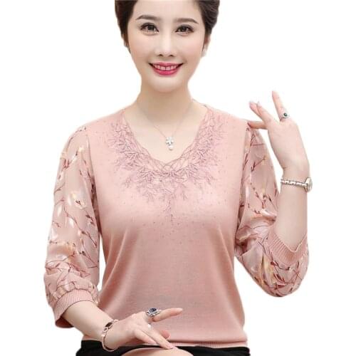 New Women Clothing Spring Summer Shirt Large Size Three Quarter Knitting Tops Autumn Middle-aged Womens Sweaters Pullovers W94