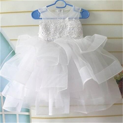 White Lace Flower Girl Dress Tulle Layered First Communion Gown Baby Girl Birthday Tutu Dress