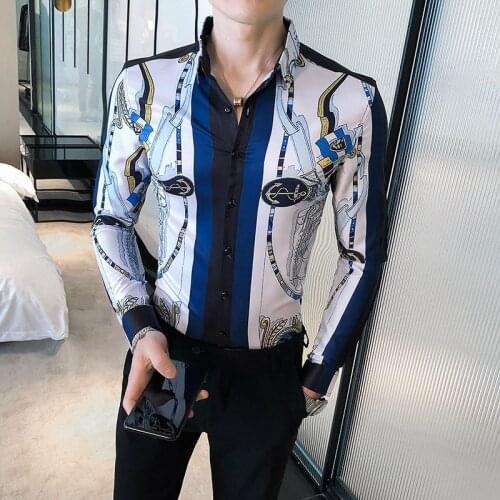 Shirt Autumn Flower Men Camisa Social Masculina Camisa Hombre British Style Mens Nightclub Bar Floral Shirt Mens Trendy Uniform