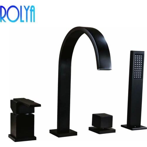 ROLYA Black 4 Hole Roman Tub Faucet with Hand Shower Modern Style Bathtub Mixer Taps