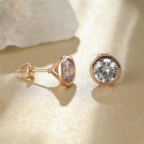 Boho Rose Gold Color Wedding Earrings Classic Round White Zircon Stud Earrings Charm Crystal Stone Screw Back Earrings For Women