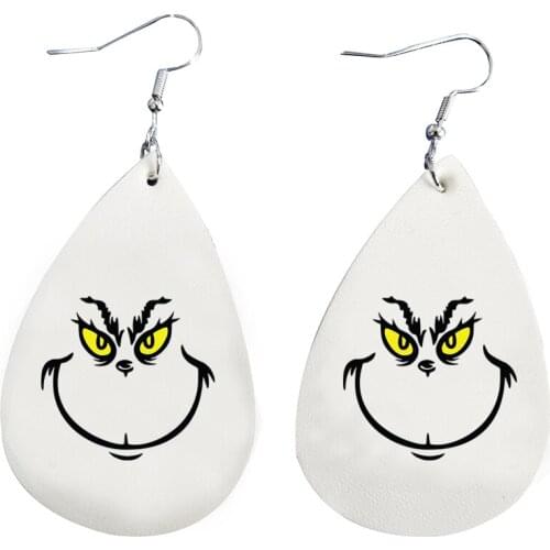 Grinch Stole Christmas Geek Smile Face Print Earrings Glitter Faux Leather Teardrop Leaf Stock