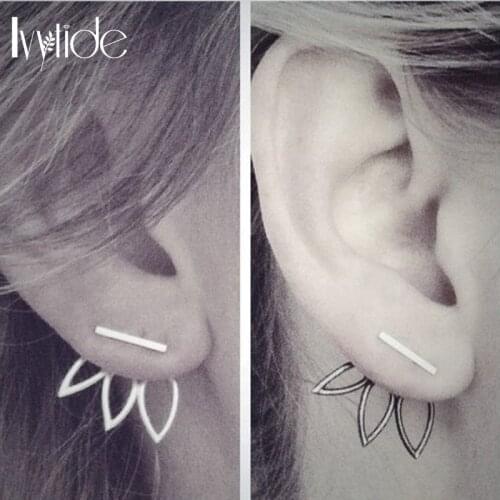 Lvytide Lotus flower ear jacket Lotus and T bar stud earrings Ear climber Front back earring Women simple everyday jewelry