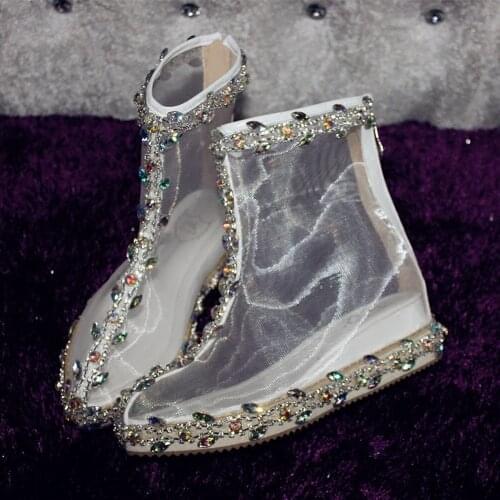 Womens Pointy Toe Mesh Rhinestones Sequins Bling Ankle Boots Sandals Lolita Shoes DIY White Summer Clear Sweet New 2021