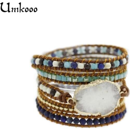 Women Wax/Leather Bracelet Mixed Natural Stones Original Crystal Charm 5 Strands Wrap Bracelets Handmade Boho Bracelet Dropship