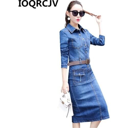 2019 Autumn Womens Shirt Denim Dress Long Sleeve Casual Midi Dresses Elegant Ladies Slim Sexy Jeans Dress With Belt Vestido R591