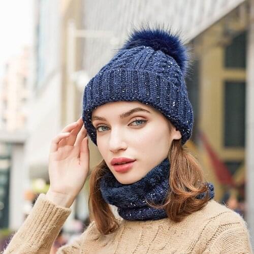 Winter Ladies Knitted Hat Warm Trendy Beanie & Circle Scarf Set 2In 1Crochet Neck Warmer Knit Slouch Pom Pom Cap Ski Outdoor