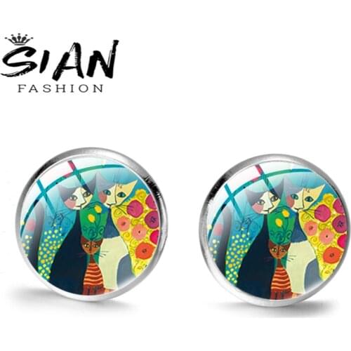 SIAN Colorful Cats Family Pattern Stud Earrings Glass Convex Dome Metal Surface Women Fashion Earrings Cute Style Jewelry Gifts