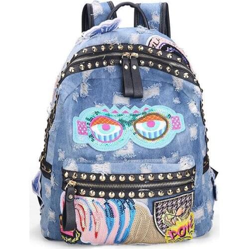 Bling bling sequins embroidery sexy lips fashion personality casual demin backpack eyes shoulder bag
