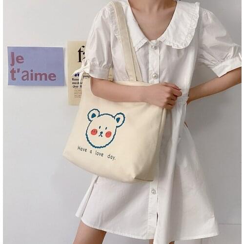 Women Canvas Shoulder Bag Cute Cartoon Print Daily Shopping Bags Students Zipper Books Bag Cotton Cloth Handbags Tote For Girls