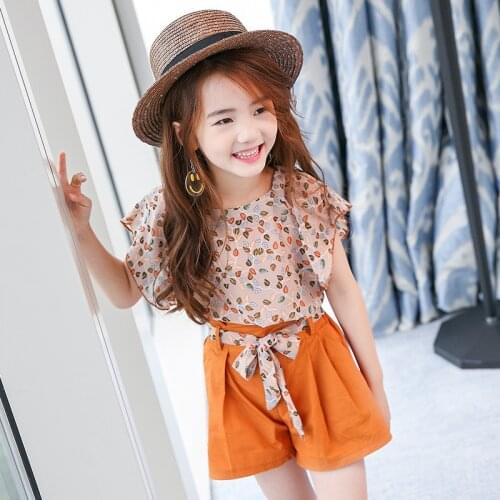 4-12Years Summer Girls Clothing Sets Baby Kids Girls Clothes Chiffon Short Sleeve Blouse Shorts 2 Pcs Suit Teen Kids Outfits